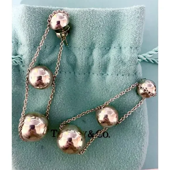 Tiffany & Co Silver Hardware Triple Drop Bead Ball Stud Earrings Butterfly Backs - Picture 5 of 12